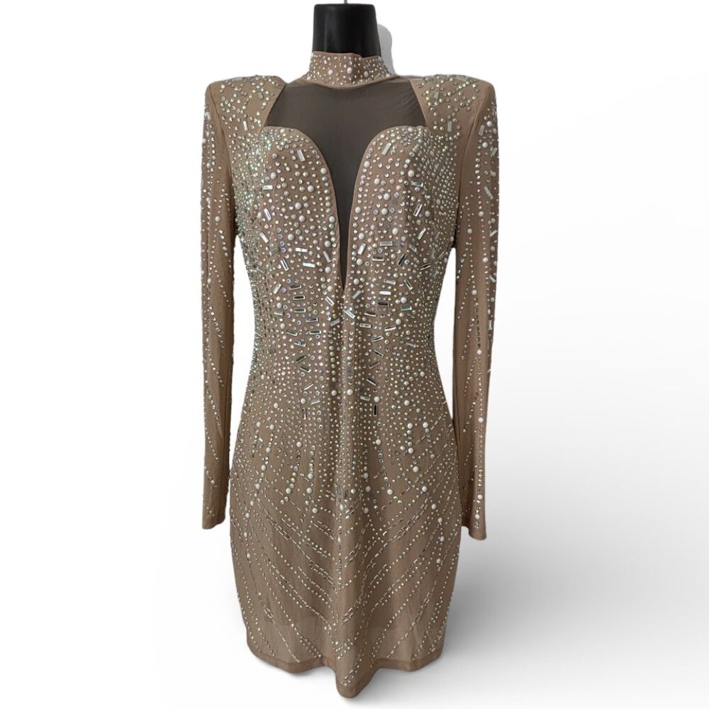 High neck long sleeve beaded Nude mini dress